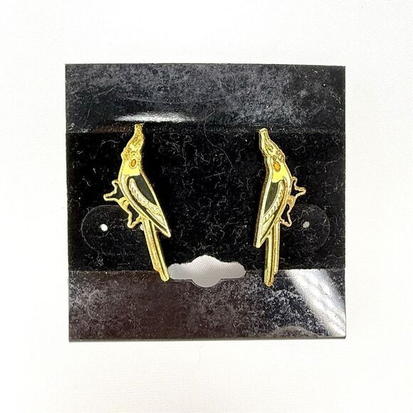 Vintage Gold Cockatiel Earrings – Enamel Bird Studs – 1” Long on Card - Picture 2 of 4